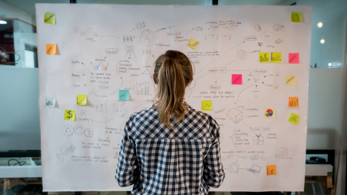 woman in front of a board with ideas